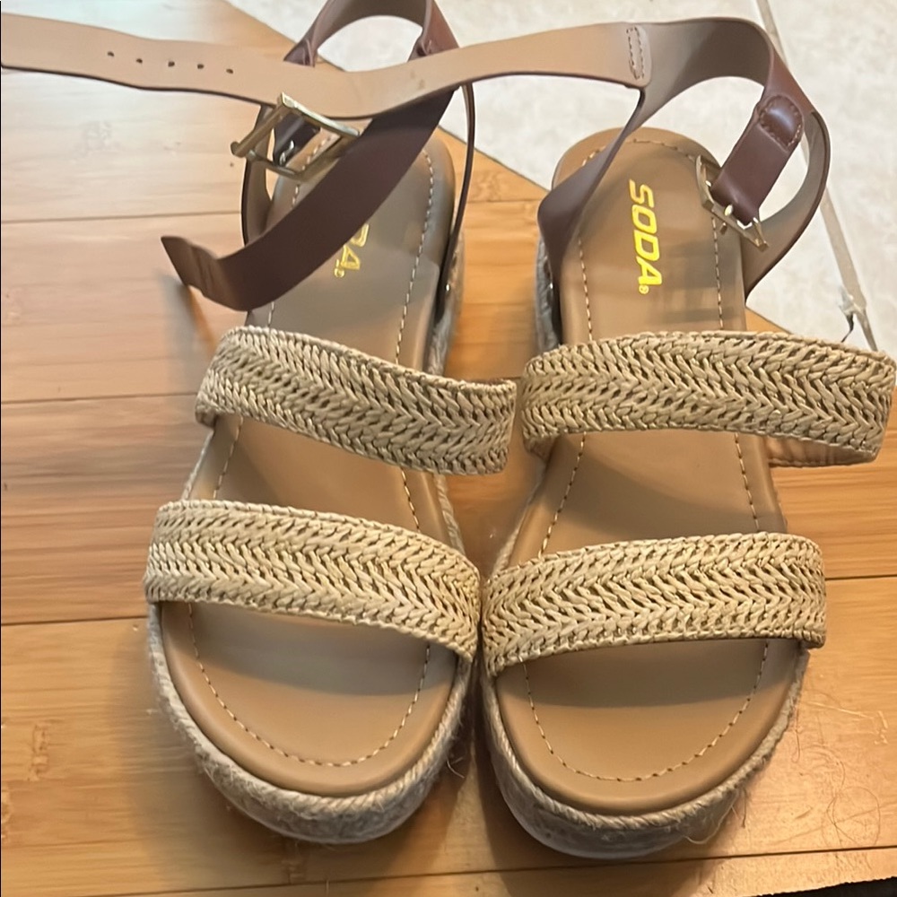 Soda Tan Wedge Sandals with Braided Straps